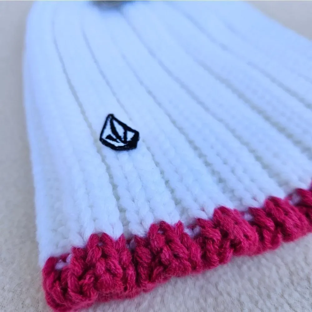 Volcom White with Hot Pink Trim Chunky Knit Beanie
